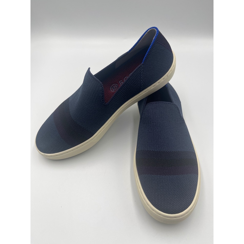 Rothys The Original Slip On Sneaker Womens 7.5 Navy Blue Stripe Knit Washable